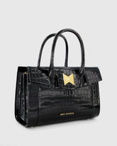 Black Crocodile Leather Tote Bag With Gold Hardware